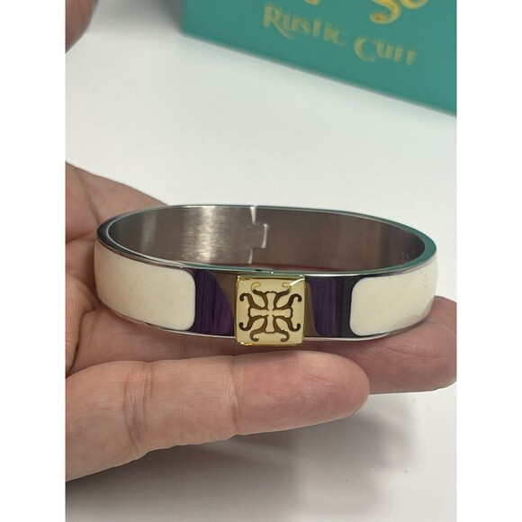 Rustic Cuff Silver Tone Cream Enamel Hindged Bangle Bracelet New - Picture 4 of 11
